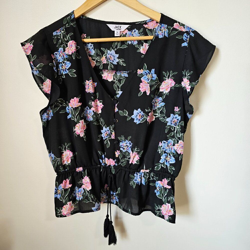 EUC LIKE NEW JACK BY BB DAKOTA FLORAL V NECK BUTTONED PEPLUM STYLE TOP SIZE M